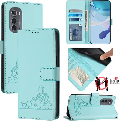Produktbild von Leder Hülle für Motorola Edge (2022) Süße Katze Flip Case Brieftasche Schutzhülle mit Standfunktion hellgrün