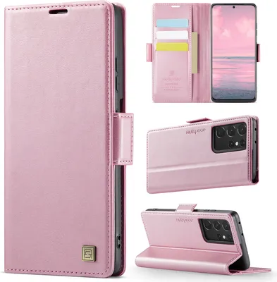 Image de Étui en cuir pour Samsung Galaxy S21 Ultra 5G, protection RFID, fermeture magnétique, fentes pour cartes et support Rose