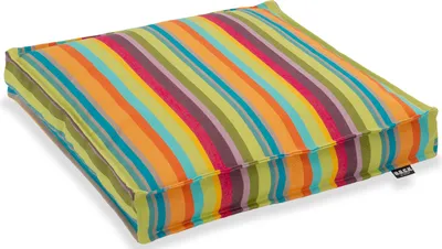 A square cushion with colorful stripes on a white background.