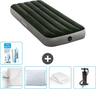 Produktbild von Intex Luftbett – 1 Person – 76 x 191 x 25 cm – Grün – im Lieferumfang enthalten Spannbettuch - Küssen - Pumpe - Reperaturset en Kissenschutz