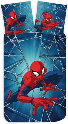 A Spiderman-themed duvet cover and pillowcase set with a dynamic Spiderman graphic.