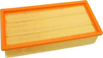 A rectangular air filter with an orange frame and yellow pleated filter material, isolated on a white background.