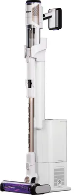 A white cordless vacuum cleaner with accessories, displayed against a white background.