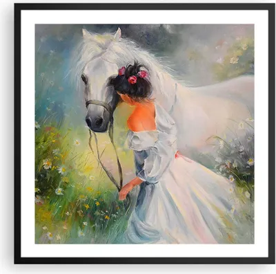Produktbild von Gerahmtes Poster - Schwarzer Rahmen - Frau Wiese Pferd - 60x60 cm - Wand Bild - Wanddeko - Wandbilder - Kunstposter - Wandposter - Bilderrahmen - Bilder - Kunstdruck - Wandbild - P2BAC60x60-3470