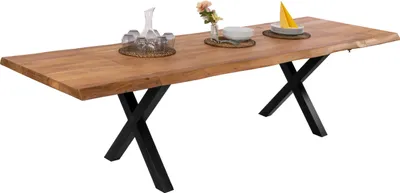 Produktbild von Esstisch Baumkante Akazie natur 140 (220) x 90 cm X-Gestell schwarz mit Ansteckplatten CALI