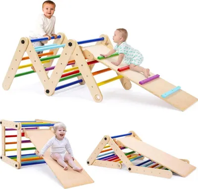 Immagine prodotto di Triangolo Klimgym 3 in 1 – Giocattolo pieghevole per arrampicarsi con scivolo – Per interni ed esterni – Per bambini a partire da 1 anno – Effetto legno