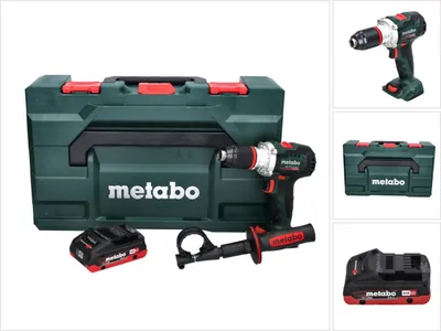 A collage of images showing a cordless drill, its case, batteries, and accessories.