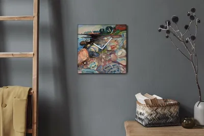 Produktbild von Coloray Hodiny Unikátní 30x30 cm Tiché hodiny Pro obývací pokoj a kuchyň Nástěnné hodiny Plátno Bílé ručičky hodin - Shore s červeným domem munch