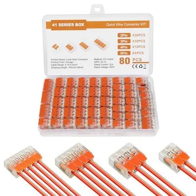 Produktbild von 80 Stück Kabelverbinder Set – Hebel-Kabelklemmen Elektro 2/3/4/5 Polig, Verbindungsklemmen bis 4 mm², Lüsterklemmen für feste & flexible Kabel, 2–5 Leiter