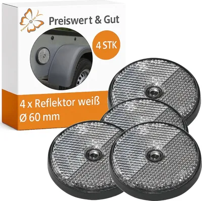 Produktbild von 4 x Rückstrahler weiß Ø 60 mm E4 – Anhänger Reflektoren, Katzenaugen, UV-beständig – Seitenstrahler zur Nachrüstung