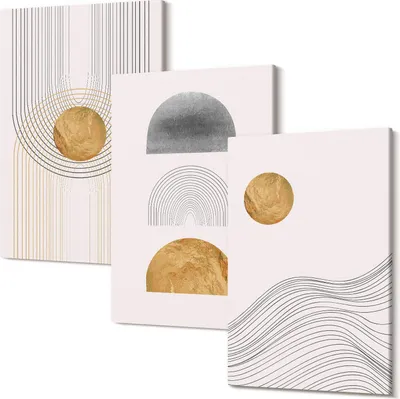 Produktbild von Wandbild – Leinwandbild – Leinwandbilder – Polycanvas – Kunstdruck – Modern – Panorama – Mehrteilig – 3-Teilig Set – Hochwertig – Lichtecht – Geruchslos – 40x60 Cm Je Element - Abstrakte Formen und Linien in Beige- und Grautönen