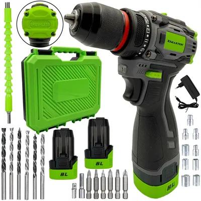 A collage of a cordless drill and its accessories, including batteries, drill bits, a flexible shaft, a charger, and a carrying case.