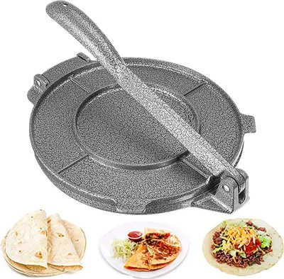 Produktbild von 16,5 cm große Tortillapresse aus Gusseisen, klappbarer Griff, Aluminiumzubehör, kompakt und einfach zuzubereiten: hausgemachte Tortillas, Chapatis und Fladenbrote