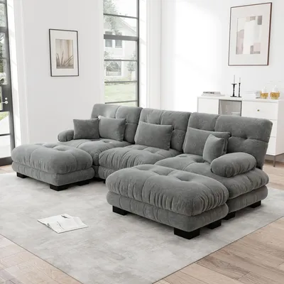 Produktbild von MODFU Dreisitzer Polstersofa mit mit 2 Lendenkissen und 2 Dekokissen,U-förmiges Sofa,Loungesofa Chenille,mit 2 Ottoman,Modulares Sofa,Grau
