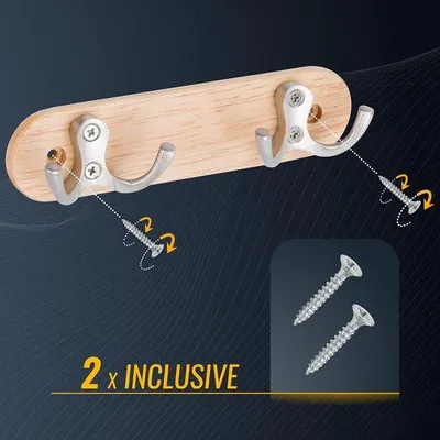 Image de Patères en bois, lot de 2, acier inoxydable, 16 cm