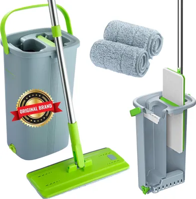 Produktbild von Sada mopu a vědra EasyGleam - Plochý mop na podlahu s rukojetí z nerezové oceli - Inovativní dvoukomorová sada pro mokré/suché čištění -   kvality
