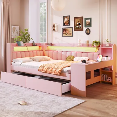 Produktbild von Merax Tagesbett 140x200 mit 2 Schublade, USB-Anschluss, LED, Schreibtisch, Stauraum, Daybett, Schlafsofa Kinderbett mit Leinenkissen, Rosa