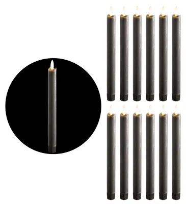 Productafbeelding van LED-kaarsen met timer, grijs, 12 stuks, voor gebruik binnenshuis - 6 uur - ECHTE WAS, 23 cm hoog, geschikt voor kaarsen met een diameter van 2,2 cm. Vereist 2 AAA-batterijen. LED-kaarsen set van 4, grijs (drie keer), bewegende vlam, licht