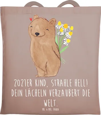 Produktbild von Mr. & Mrs. Panda Tote Bag 2021 Geburtstag - Braun Pastell - Geschenk, Jutebeutel, Geburtstagsgeschenk, Tasche, Happy Birthday, festival, Schultasche, 2021er Kind, feiern