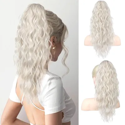 Produktbild von Pferdeschwanz Haarteil mit Klammer 45cm Gewellt Lockig Kunsthaar Platinblond