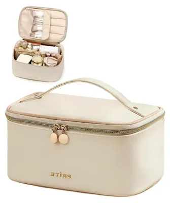 Produktbild von Große Kosmetiktasche für Damen aus wasserdichtem Leder, tragbare Kulturbeutel oder Make-up-Tasche mit Griff und abnehmbarem Trenner (Beige)