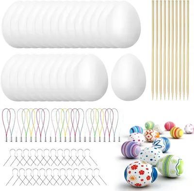 Productafbeelding van Paaseieren om te beschilderen - Set van 25 - 6 cm plastic paaseieren - Wit met touw - Paaseieren om op te hangen