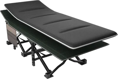 Image de Lit de camping pliable - Transat simple confortable avec sac et coussin, noir