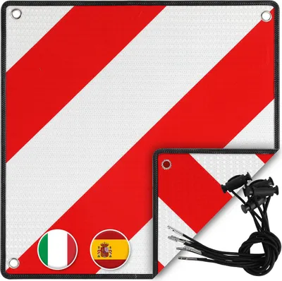 Obrázok produktu pre Výstražná značka Bettizia 2v1 Taliansko a Španielsko 50x50 cm hliníková obojstranná značka s očkami - Reflexná výstražná značka pre nosiče bicyklov a zadné nosiče - Schválenie pre vyčnievajúce bremená