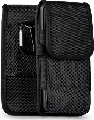 A black fabric phone pouch with a carabiner clip is shown against a white background.