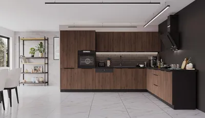 Produktbild von Winkelküche MONZA 350x290 cm Küchenzeile Eckküche Küche Nußbaum Okapi Schwarz