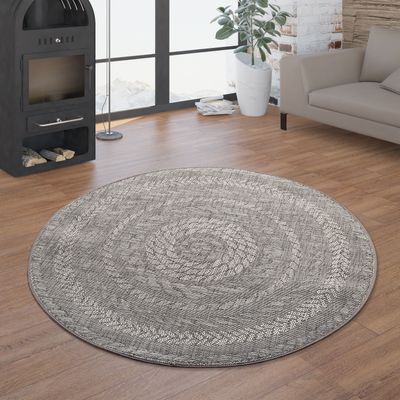 TT Home In- & Outdoor-Teppich, Rundes Flachgewebe Mit Sisal-Look Skandi-Design, In Grau Größe Ø 120 cm Rund