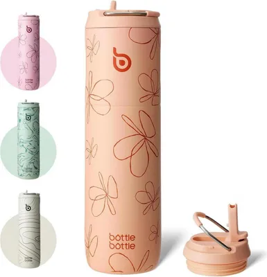 Obrázok produktu pre Izolovaná fľaša na pitie 680 ml so slamkou a držadlom - bez BPA, dvojstenná, nepriepustná, žlté kvety