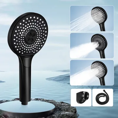 Produktbild von ZMH Duschkopf Schwarz mit 1,5 m Schlauch Runde Handheld Shower 3 Strahlenden Handbrause energieeffiziente Dusche Badezimmer
