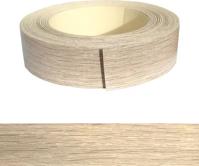 A roll of edge banding tape with a wood grain pattern.