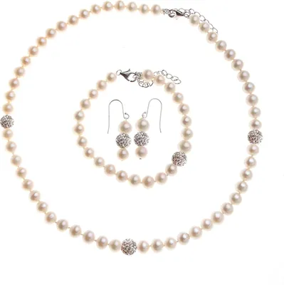 Produktbild von Perle Schmuck-Set 3 tlg. Weiss Mit 6 Kristalle Beads Und Silber 925 Rodinert - Damenschmuck