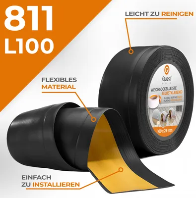 Produktbild von QUEST Weichsockelleiste Selbstklebend 100x25mm, 5m, PVC Sockelleiste, Breite Knickleiste für Wände, Boden, Flexibel, Dekorativ, UV-beständig, schwarz