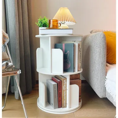 Image de Étagère tournante pour livres, en bois massif, 2 niveaux, blanche, 68 cm de hauteur