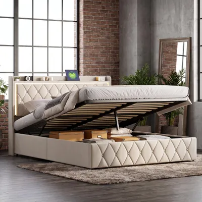 Produktbild von INONEFT Polsterbett Boxspringbett 140x190 cm mit LED & USB-Ladefunktion, Jugendbett Doppelbett mit Lattenrost,Hydraulisches  Stauraumbett, Samt, Beige