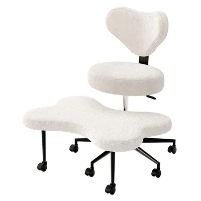A white ergonomic meditation chair with a black base and wheels, shown against a white background.