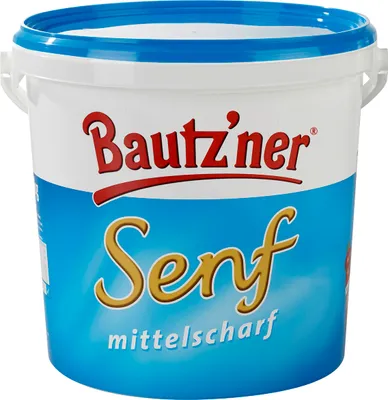 A white and blue plastic bucket of mustard.