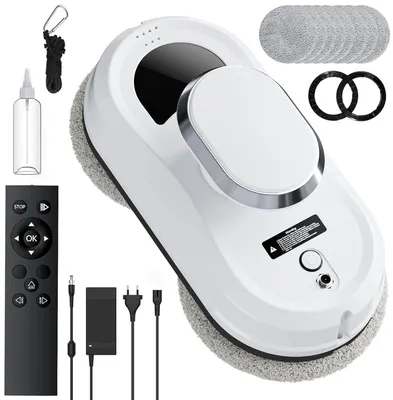 A white window cleaning robot with accessories is displayed on a white background.