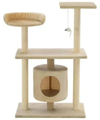 Obrázek produktu pro Kočičí strom – 95 cm vysoký – 3 úrovně – sisalové sloupy na škrábání – pelíšek pro kočky – zavěšená hračka – béžová barva