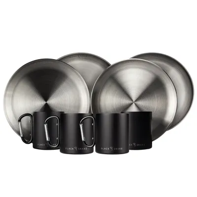Produktbild von Camping Geschirr Set Edelstahl 4 Personen Teller & Karabinertassen Outdoor