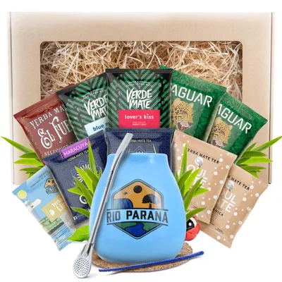 Produktbild von Cebador - Mate Tee Set 10x50g Proben - mit Mate Becher 330ml & Bombilla - Yerba Luftgetrocknet & Rauchig - Geschenkset