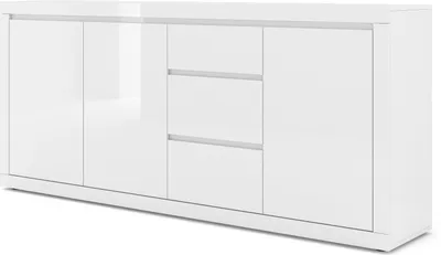 Produktbild von Kommode Bello Bianco IV 195 cm Sideboard Highboard Schrank DREI Regal, DREI Schubladen Italienische Weiß Mat/Weiß Hochglanz