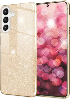 A glittery phone case is shown next to a phone with a bokeh background.