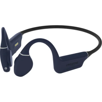 A pair of dark blue bone-conduction headphones.