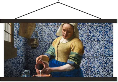 Produktbild von MuchoWow® Textilposter Milchmädchen - Delfter Blau - Vermeer - Gemälde - Alte Meister 90x45 cm mit schwarzem Rahmen - Klemmleisten