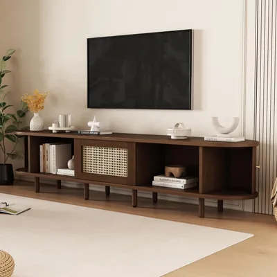 Image de OKWISH Meuble TV Moderne avec Portes Coulissantes et Tiroir - Meuble de Salon en Noyer Foncé avec Détails en Rotin, MDF, 180×40×40 cm