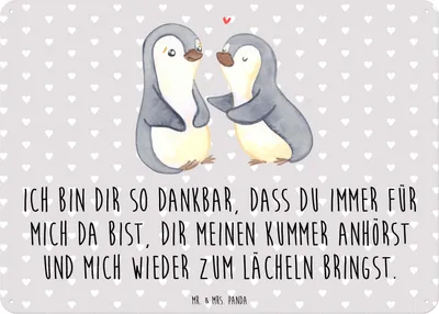 Produktbild von Mr. & Mrs. Panda Schild Pinguine trösten DIN A6 - Grau Pastell - Geschenk, Blechschild, Valentinstag, Hochzeitstag, Wandbild, Retro, Jahrestag, Mitbringsel, für Freundin
